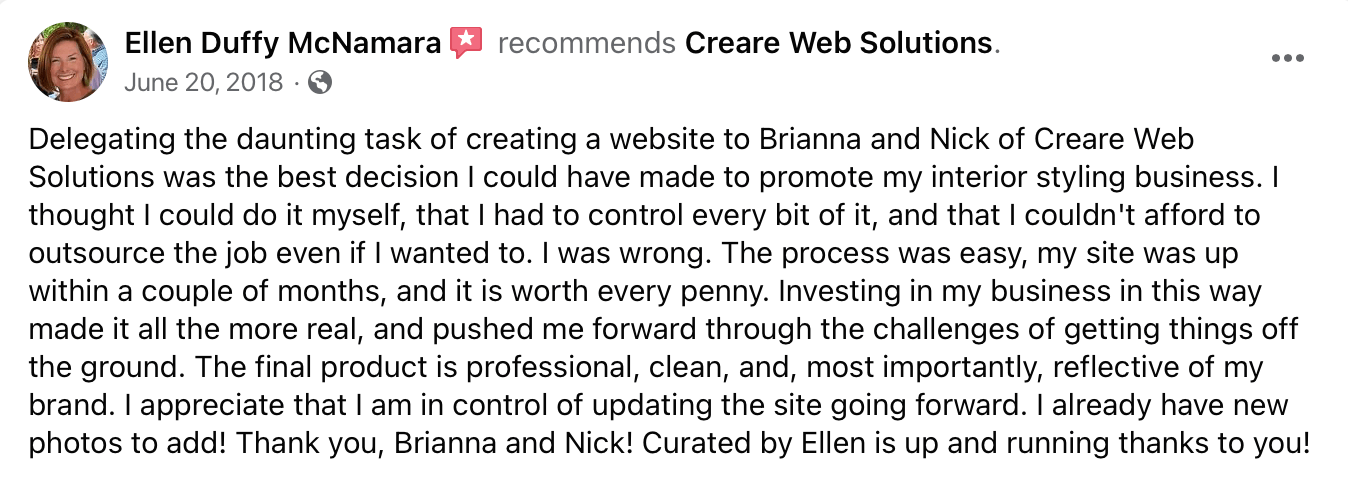 Creare Client Testimonial from Ellen Duffy McNamara from Curated by Ellen